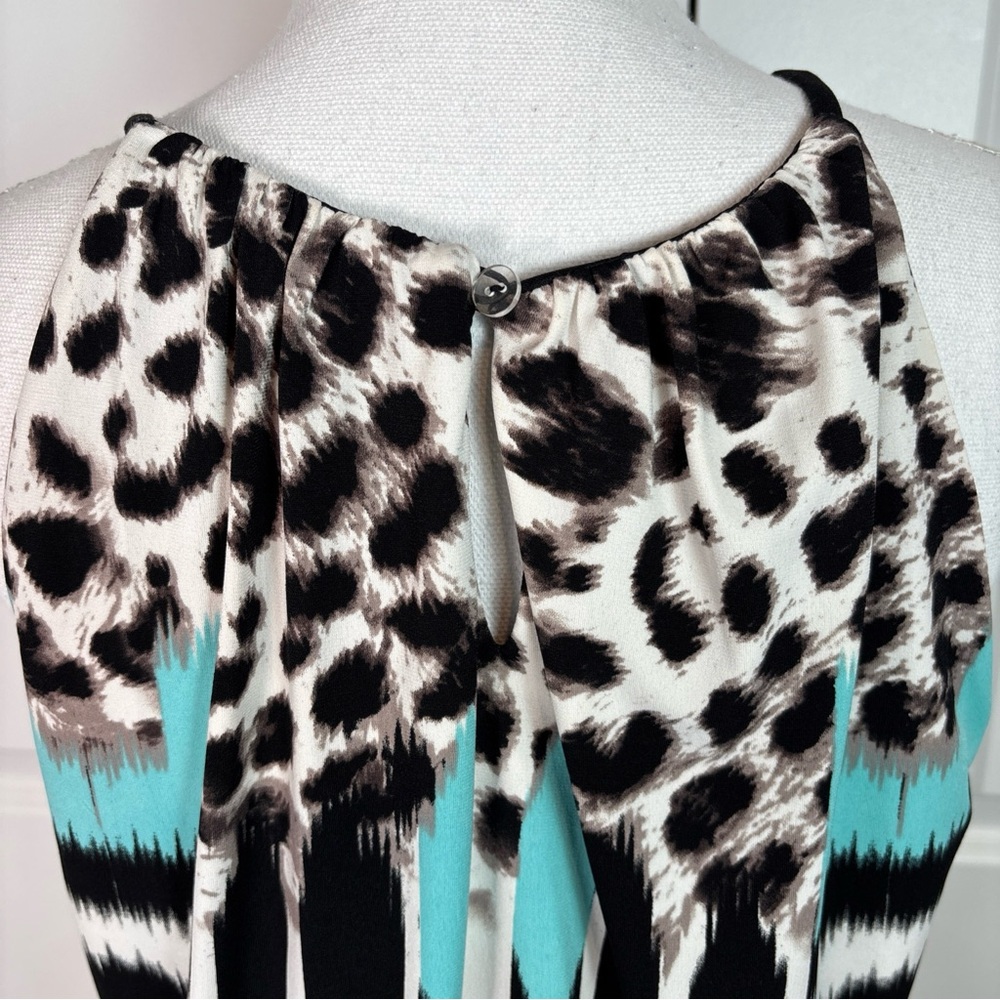 London Style Collection Geometric Ikat Leopard Print Maxi Dress Teal Black Sz 12 - Picture 8 of 11